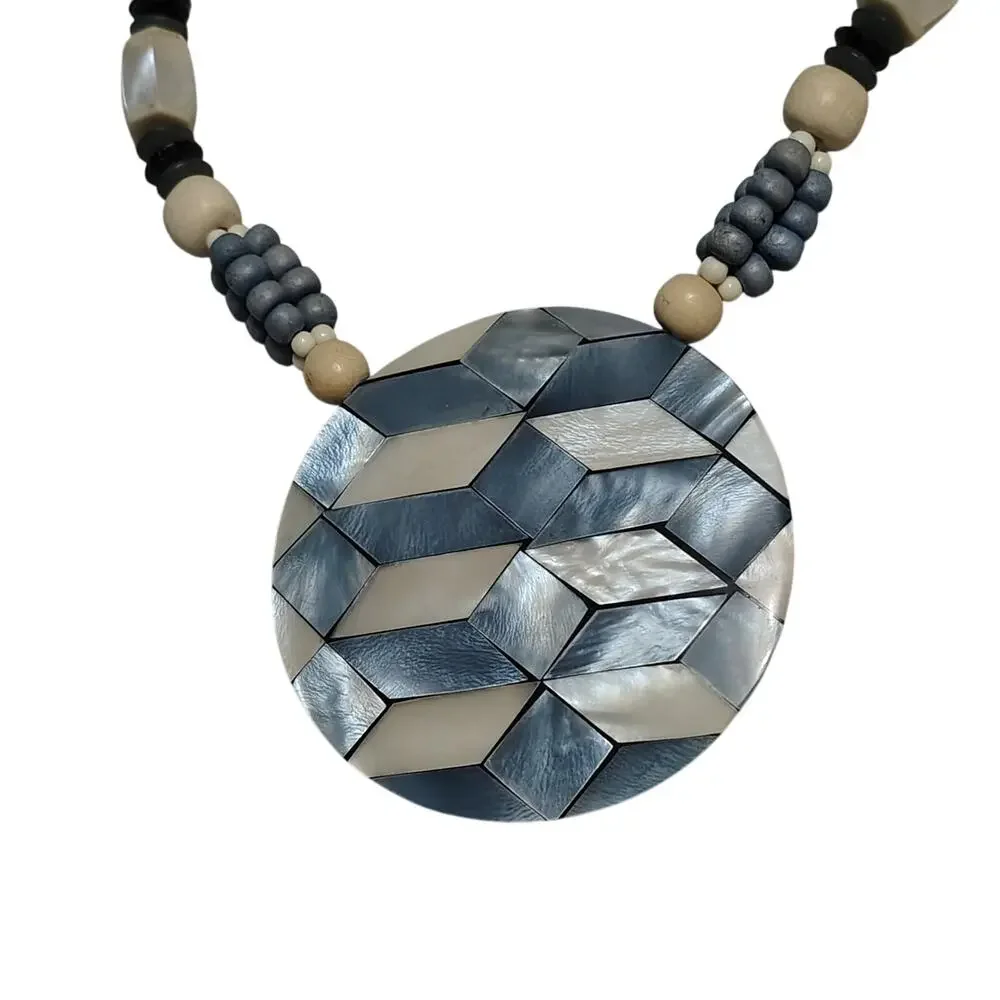 Vintage Blue Beige Mother of Pearl Pendant on Beaded Statement Necklace